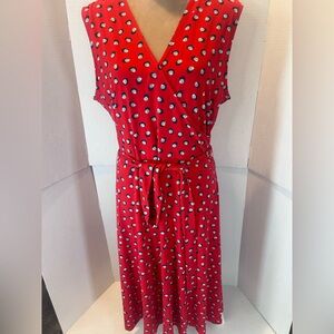 Leota Red Sleeveless Polka Dot Wrap Midi Dress